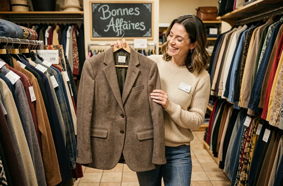 Cliente souriante découvrant un blazer vintage dans la boutique À La Bonne Affaire, une friperie du Pas-de-Calais