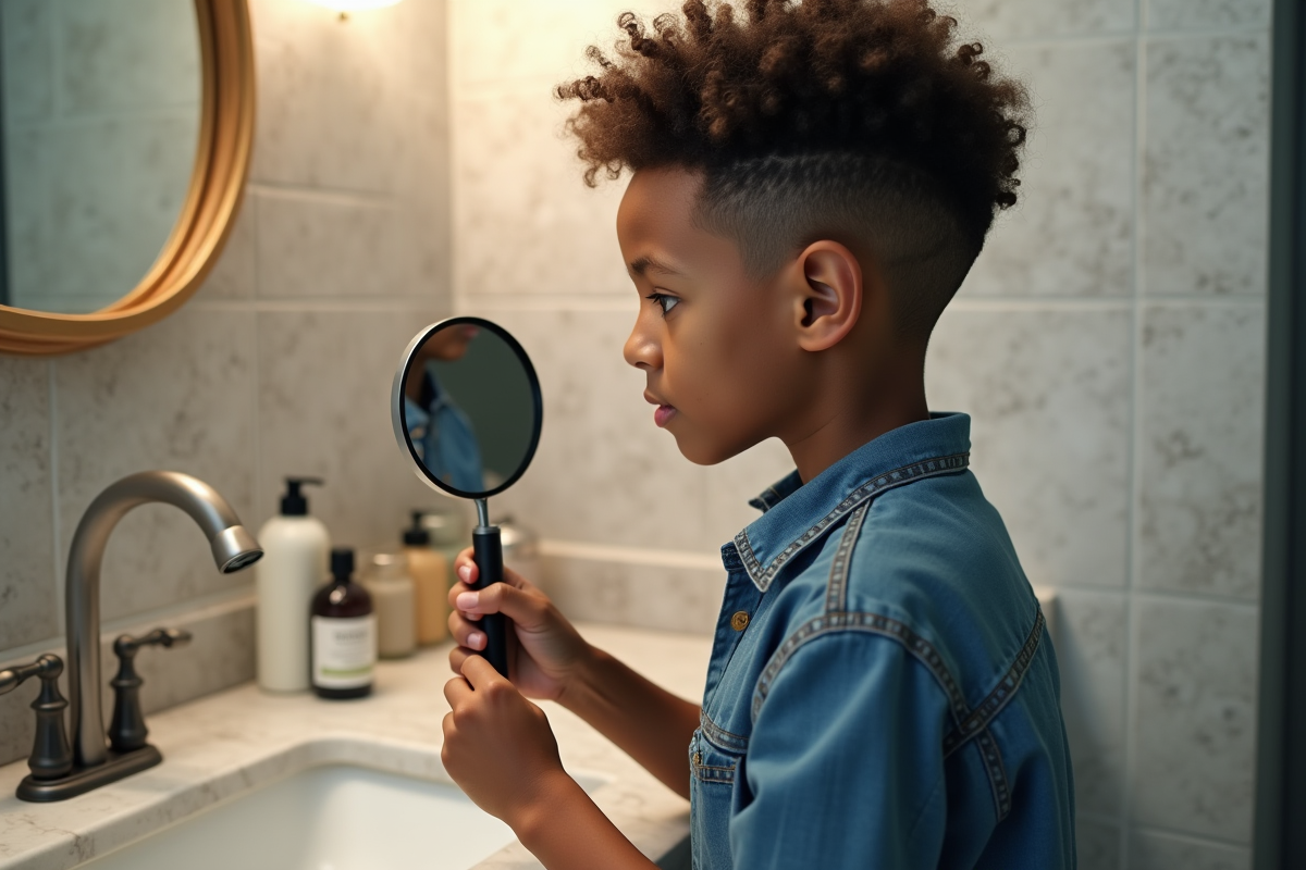 Adolescent regardant ses cheveux dans un miroir de salle de bain