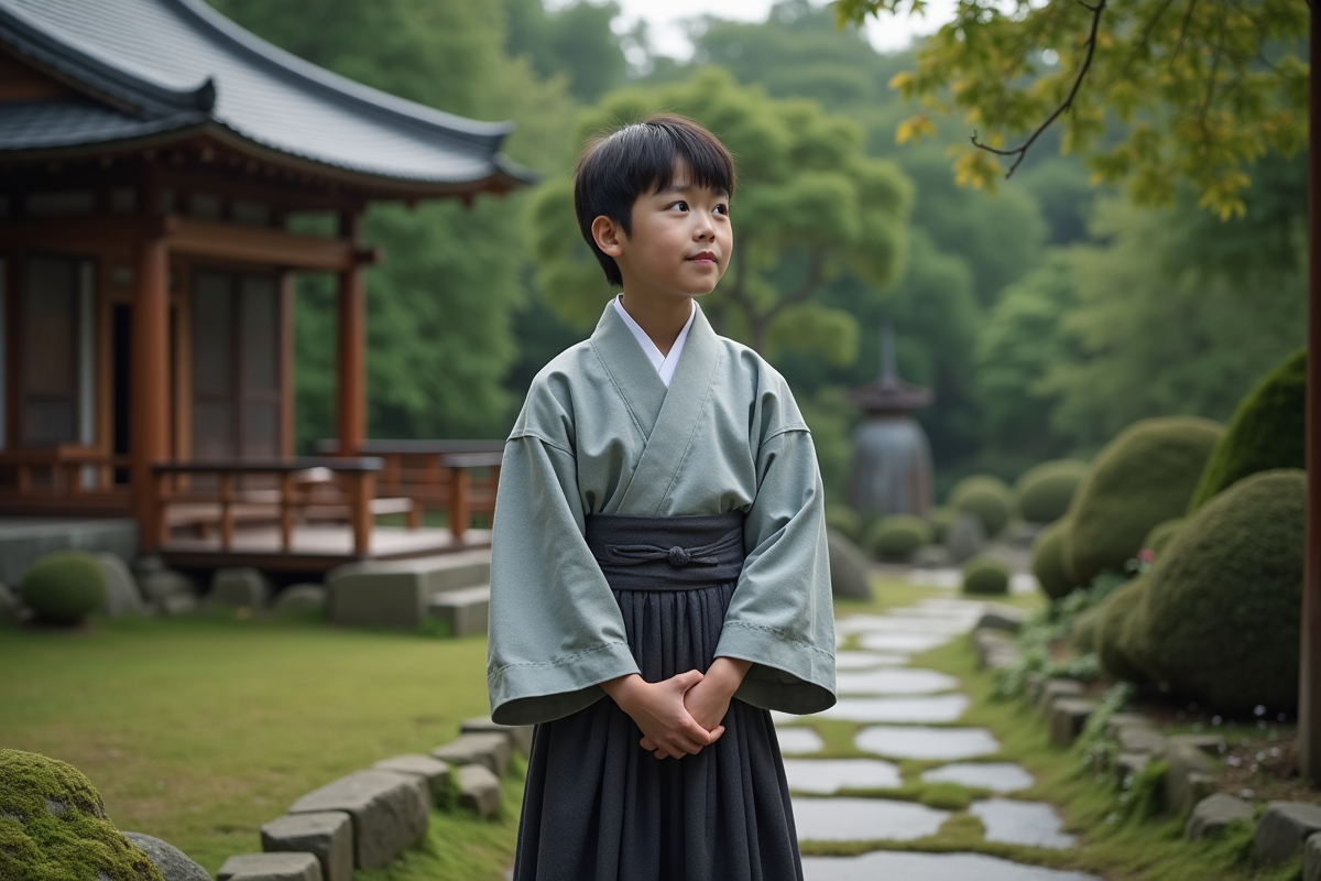 Adolescent japonais en kimono dans un jardin traditionnel