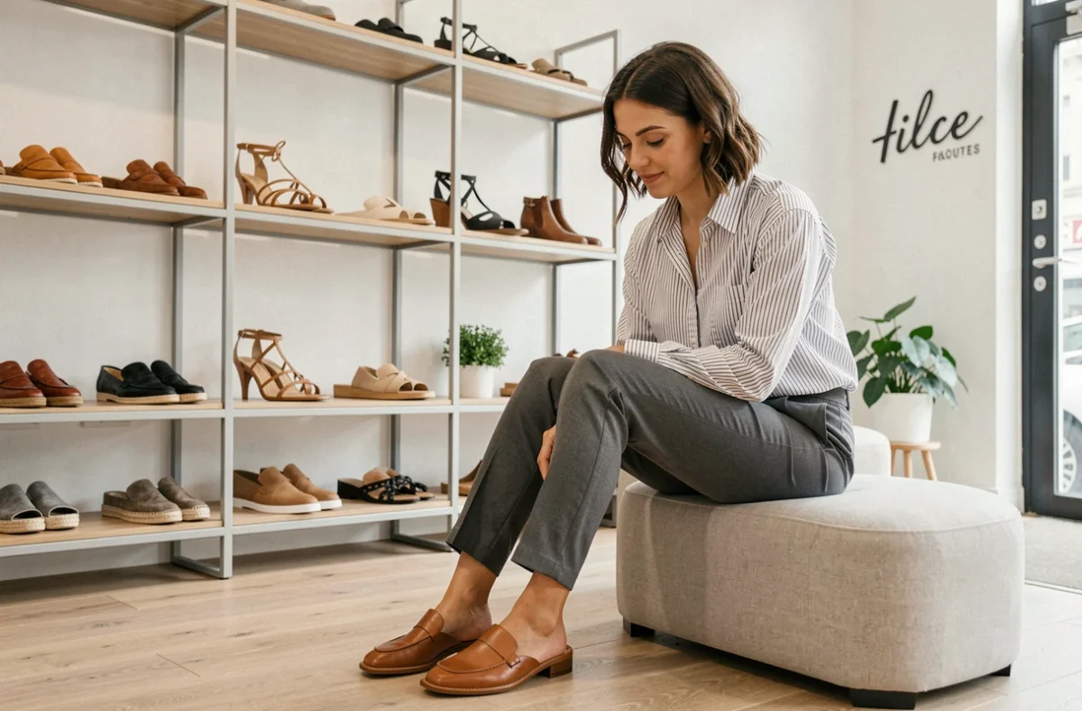 Cliente essayant des chaussures dans la boutique Arbell Chaussures à Lille avec un décor minimaliste contemporain