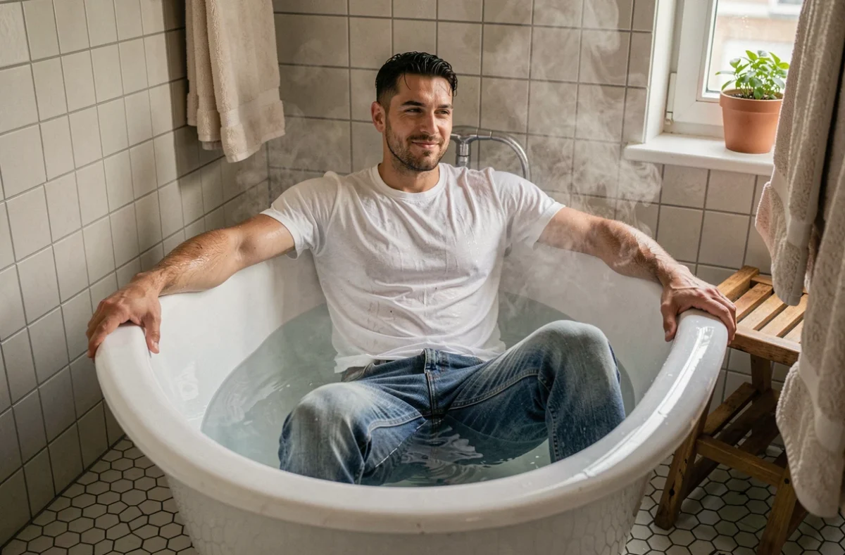 Homme assis dans un bain chaud habillé en jean pour le faire rétrécir selon une astuce populaire
