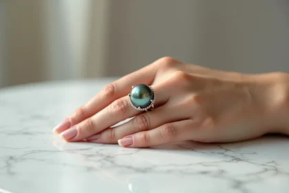Bague en or blanc sertie d'une perle de Tahiti noire aux reflets paon sur un fond de marbre blanc