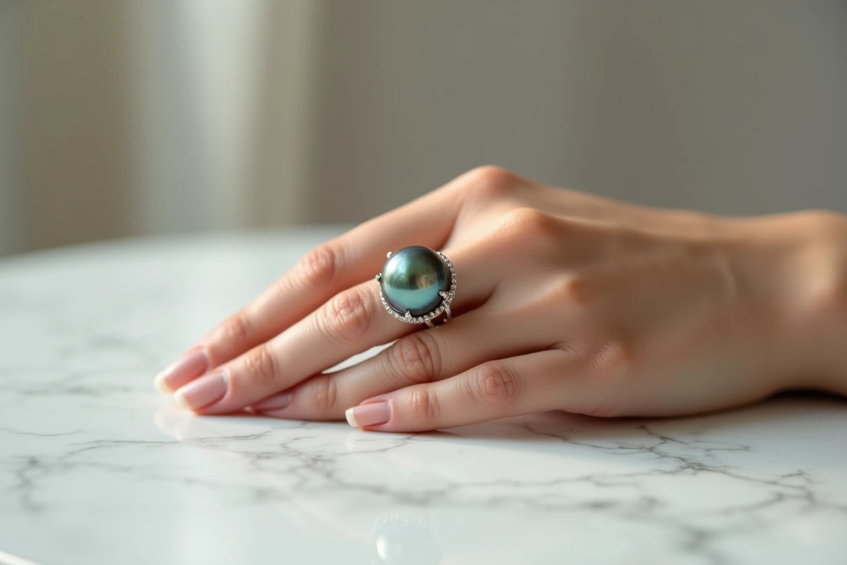 Bague en or blanc sertie d'une perle de Tahiti noire aux reflets paon sur un fond de marbre blanc