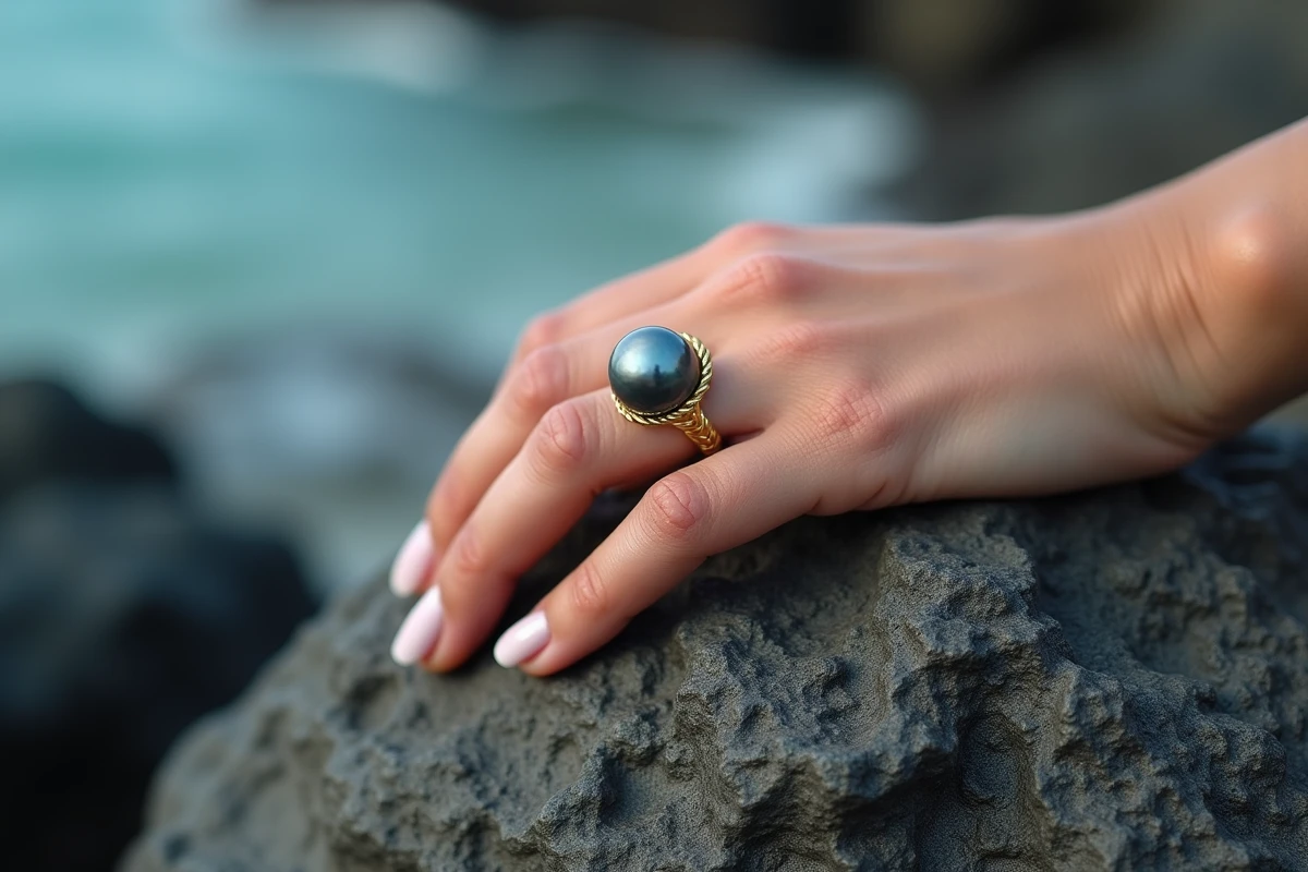 Main de femme portant une bague perle de Tahiti dorée posée sur un rocher volcanique en bord de mer polynésien