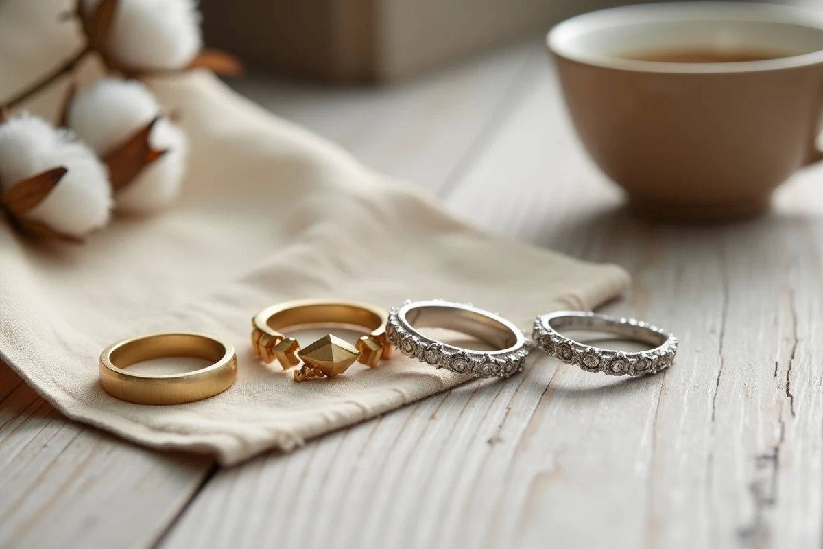 Bagues en or jaune et or blanc posées sur un plateau en chêne blanc dans une boutique contemporaine, tendances bijoux 2026