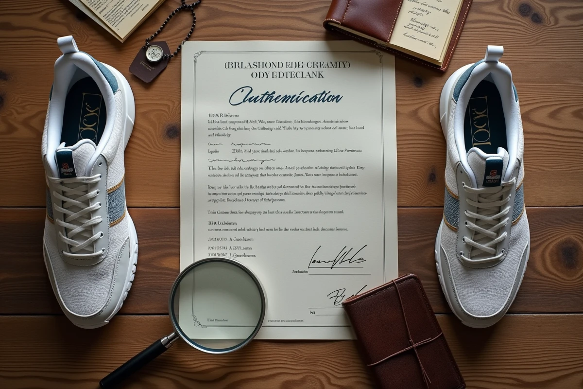 Baskets de luxe authentifiées avec certificat et étiquette de prix élevé sur une surface en bois brut, investissement sneakers