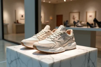 Paire de baskets de luxe en édition limitée posée sur un socle en marbre blanc dans une boutique haut de gamme