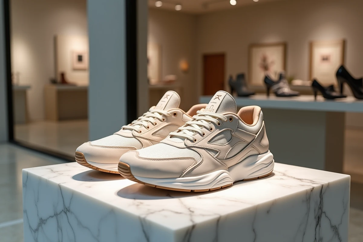 Paire de baskets de luxe en édition limitée posée sur un socle en marbre blanc dans une boutique haut de gamme
