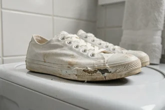 Baskets blanches avec semelle décollée posées sur le tambour d'une machine à laver avant lavage