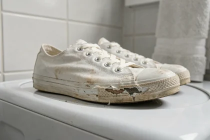 Baskets blanches avec semelle décollée posées sur le tambour d'une machine à laver avant lavage