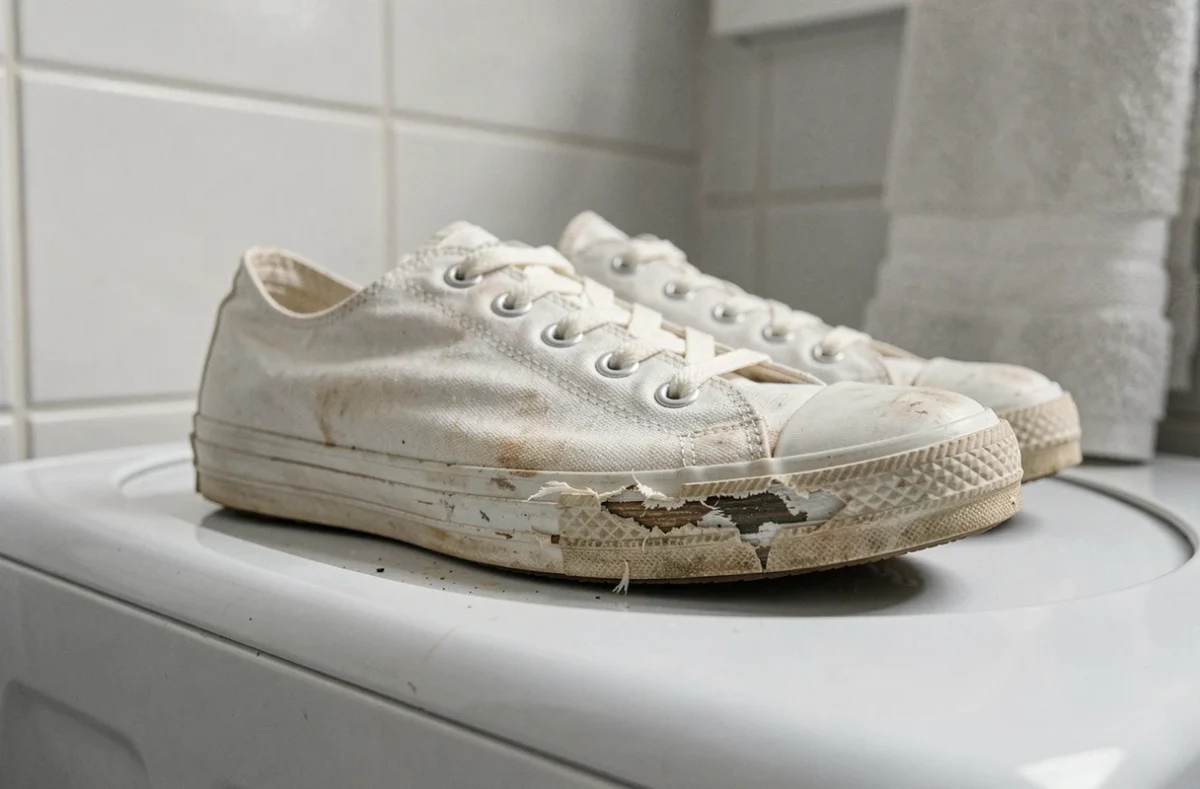 Baskets blanches avec semelle décollée posées sur le tambour d'une machine à laver avant lavage
