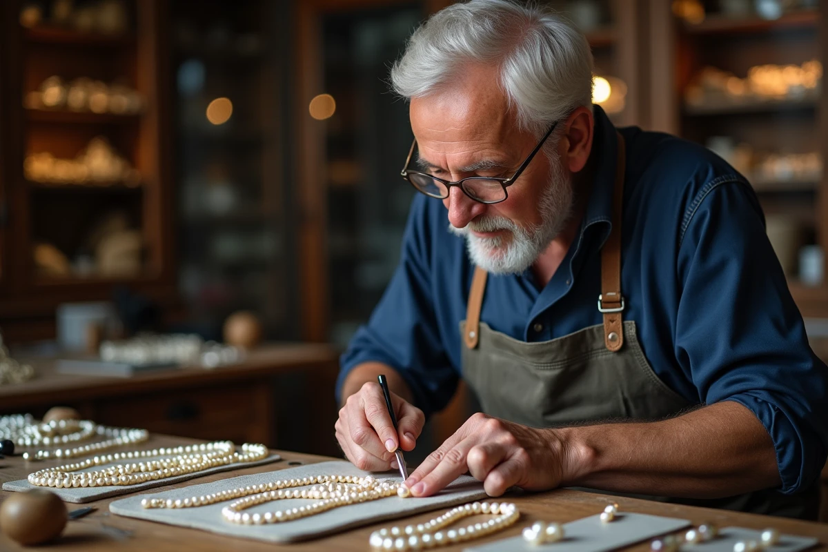 Bijoutier v&eacute;rifiant un collier de perles avec une loupe dans son atelier