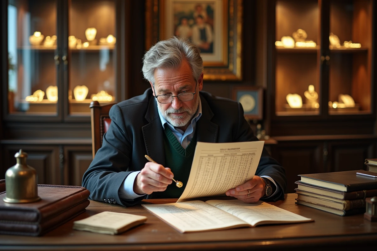 Bijoutier homme comparant un tableau de prix de l'or et un guide des poinçons dans une boutique de joaillerie traditionnelle