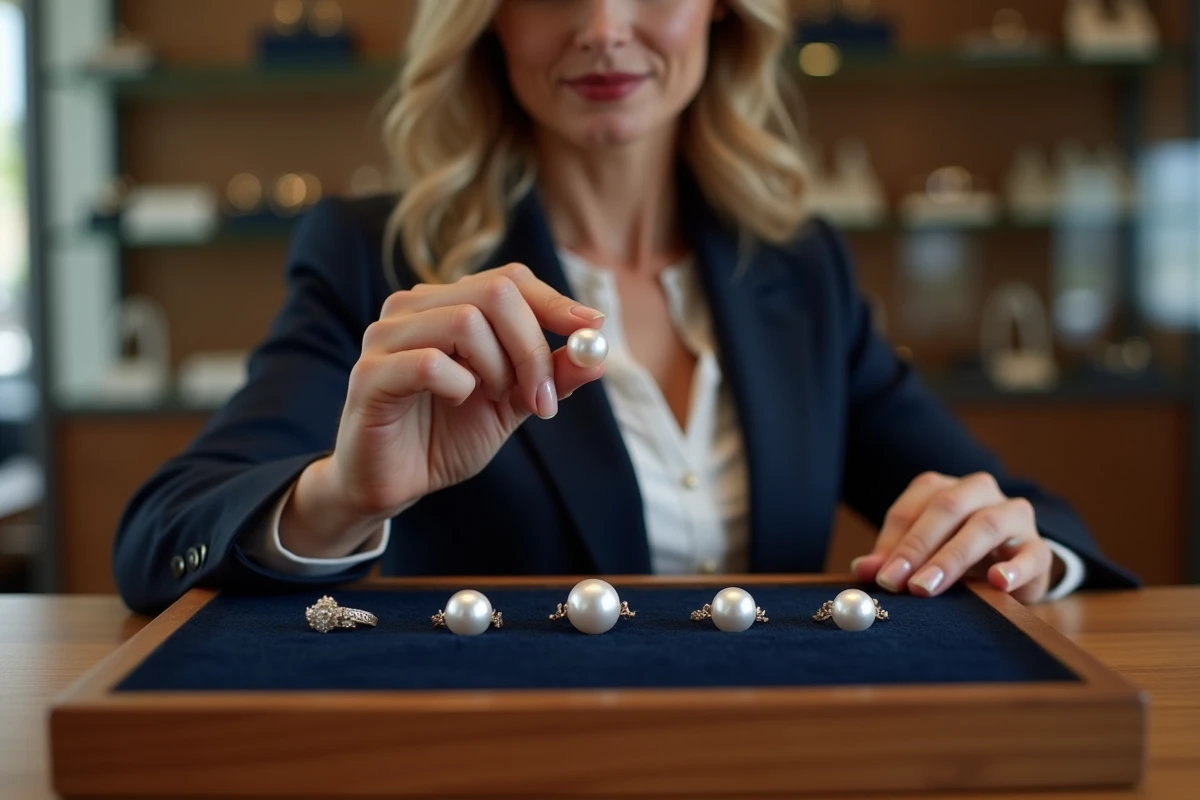 Bijoutière tenant une bague avec perle de Tahiti dans une boutique de joaillerie haut de gamme
