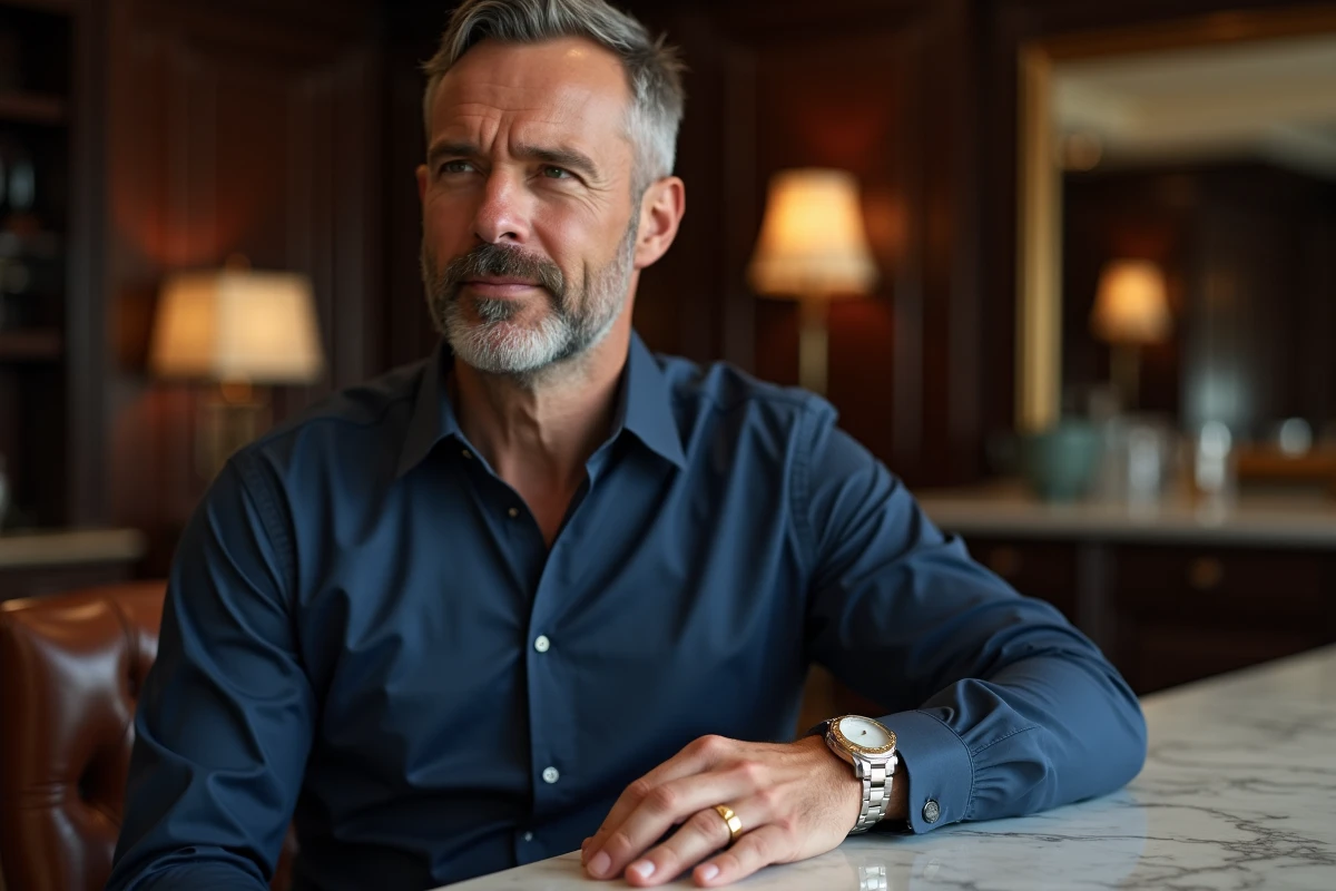 Homme portant une chevalière en or jaune et une montre en or blanc dans un lobby d'hôtel, bijoux homme tendance 2026