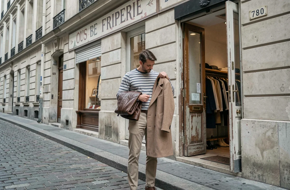 Homme devant une boutique friperie dans un quartier parisien avec façade en pierre haussmannienne et pavés