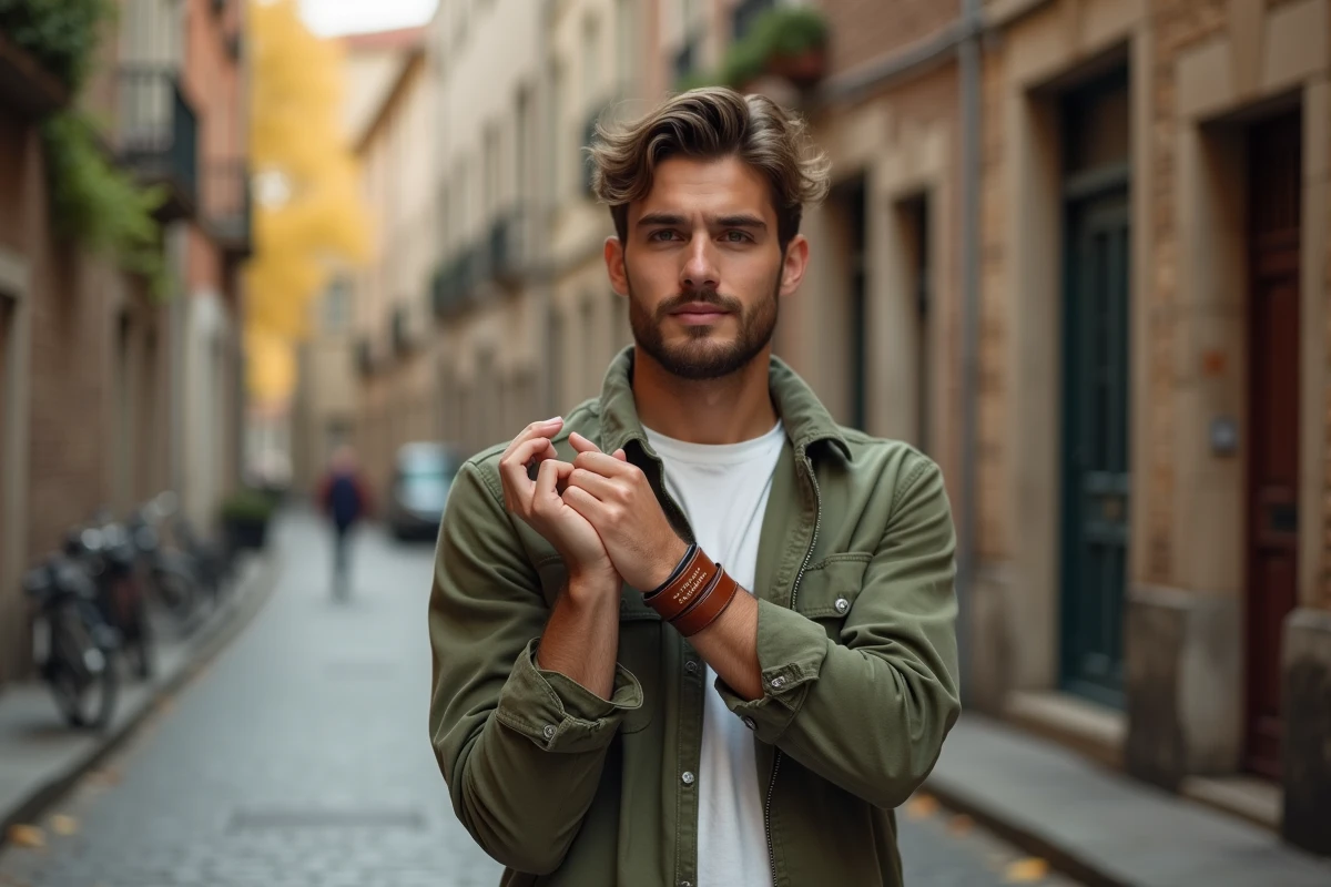 Homme portant un bracelet en cuir cognac personnalisé gravé d'un mot, en tenue décontractée dans une rue pavée européenne en automne