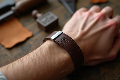 Bracelet en cuir marron foncé personnalisé avec initiales gravées, posé sur un établi en bois brut entouré d'outils de maroquinerie