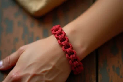 Gros plan sur un bracelet fil rouge à 7 nœuds porté au poignet d'une femme adulte, symbolisant protection et traditions spirituelles