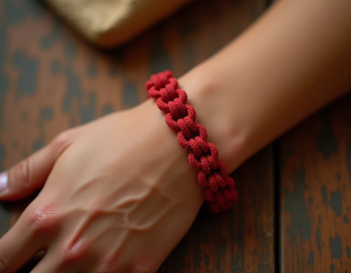 Gros plan sur un bracelet fil rouge à 7 nœuds porté au poignet d'une femme adulte, symbolisant protection et traditions spirituelles