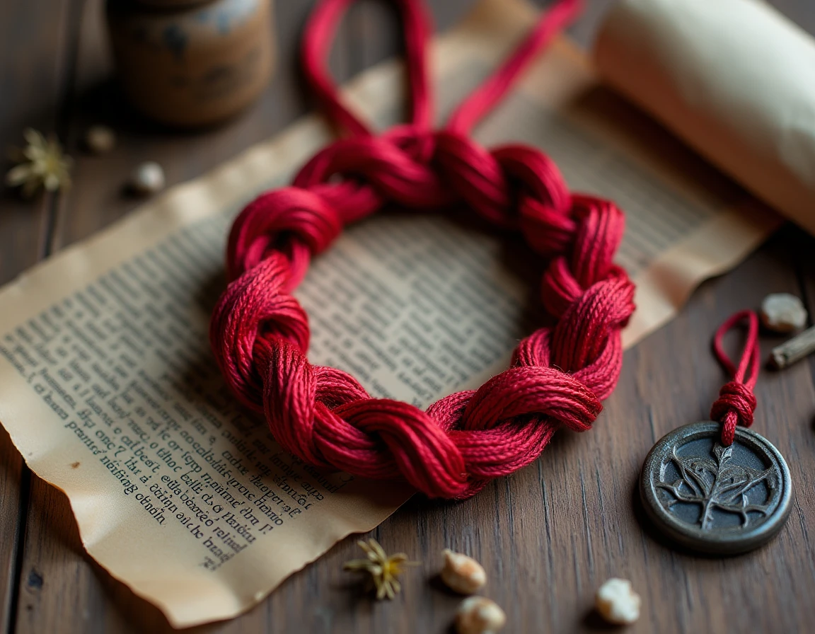Bracelet fil rouge à 7 nœuds posé sur une surface en bois avec des objets symboliques de protection et de traditions spirituelles