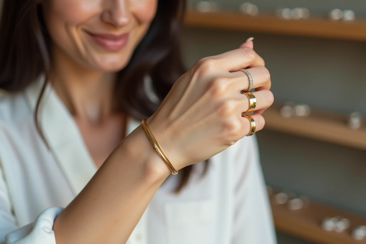Femme portant des bracelets en or jaune et or blanc empilés au poignet, tendance bijoux 2026 dans un atelier parisien