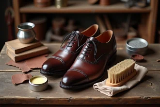 Chaussures Oxford en cuir acajou sur un établi de cordonnier avec cire et brosse à polir