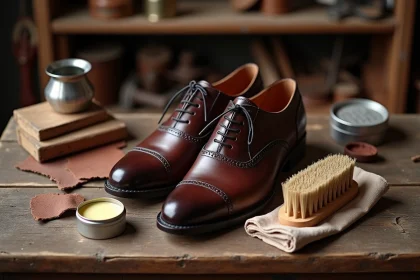 Chaussures Oxford en cuir acajou sur un établi de cordonnier avec cire et brosse à polir