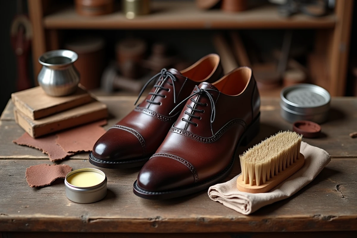 Chaussures Oxford en cuir acajou sur un établi de cordonnier avec cire et brosse à polir