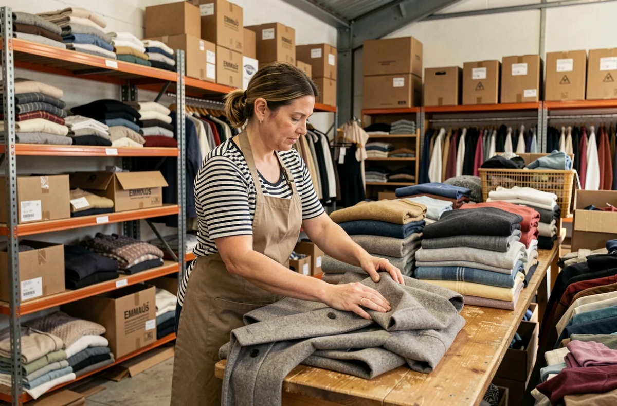 Bénévole triant des vêtements donnés dans une chiffonnerie Emmaüs, avec des étagères remplies de donations textiles en arrière-plan
