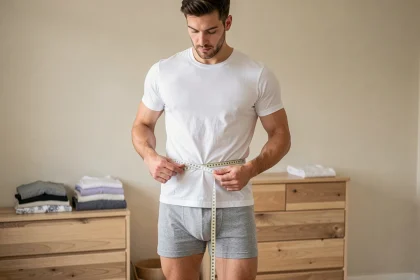 Homme mesurant son tour de taille avec un mètre ruban pour choisir la bonne taille de boxer kangourou
