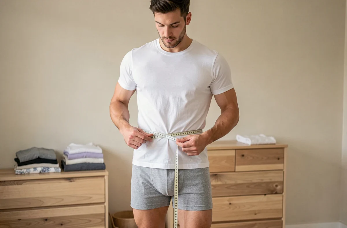 Homme mesurant son tour de taille avec un mètre ruban pour choisir la bonne taille de boxer kangourou