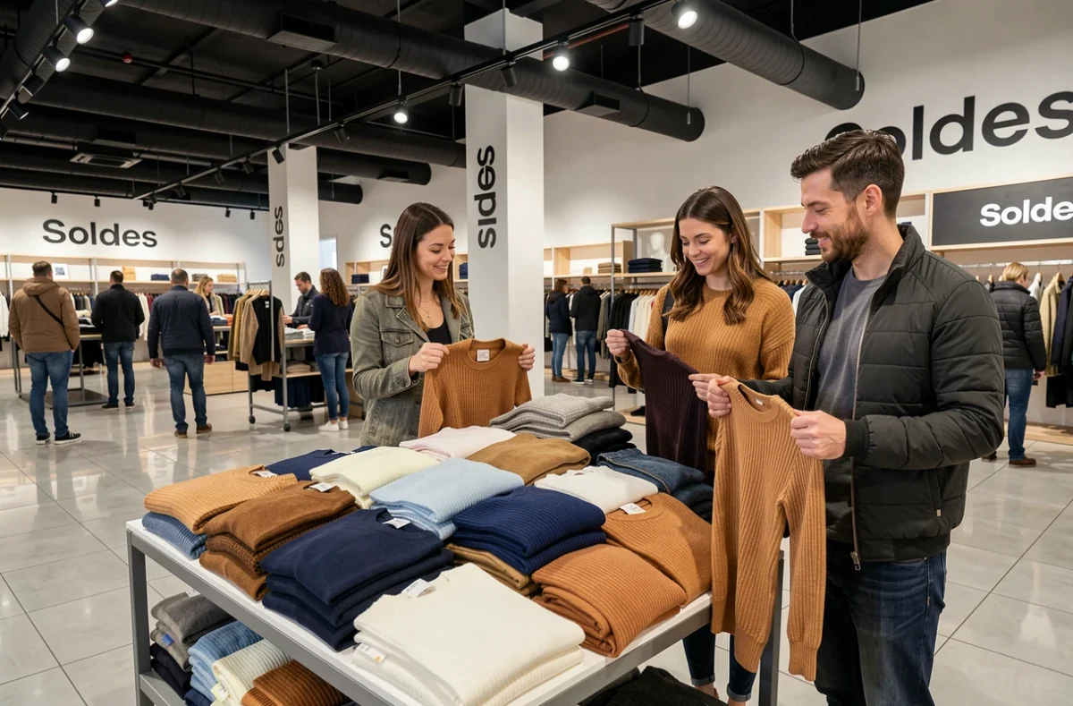 Groupe de clients examinant des vêtements en promotion dans un grand magasin de mode en cours de fermeture définitive