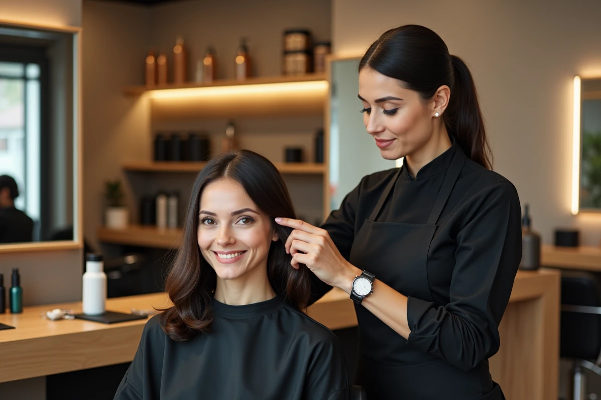 Coiffeuse professionnelle en action dans un salon moderne