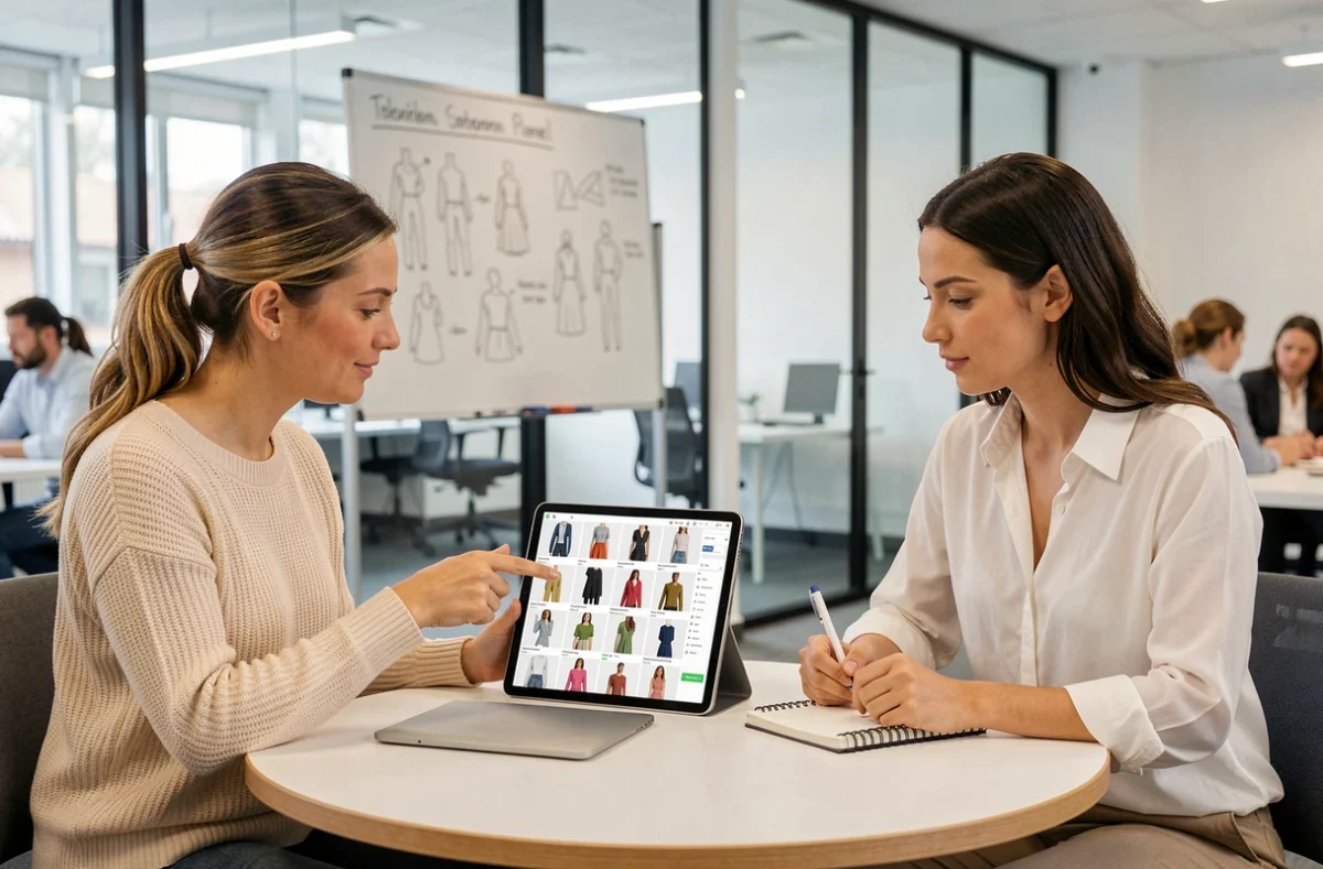 Deux professionnelles de la mode collaborant pour sélectionner les meilleurs assets 3D sur CLO store depuis une tablette