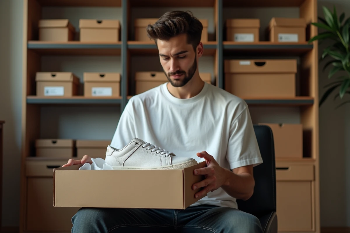 Collectionneur de sneakers tenant une précieuse basket de luxe sortie de sa boîte dans un appartement moderne
