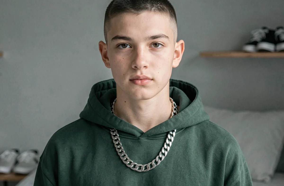 Adolescent portant une chaîne cubaine en acier inoxydable style streetwear dans une chambre minimaliste moderne