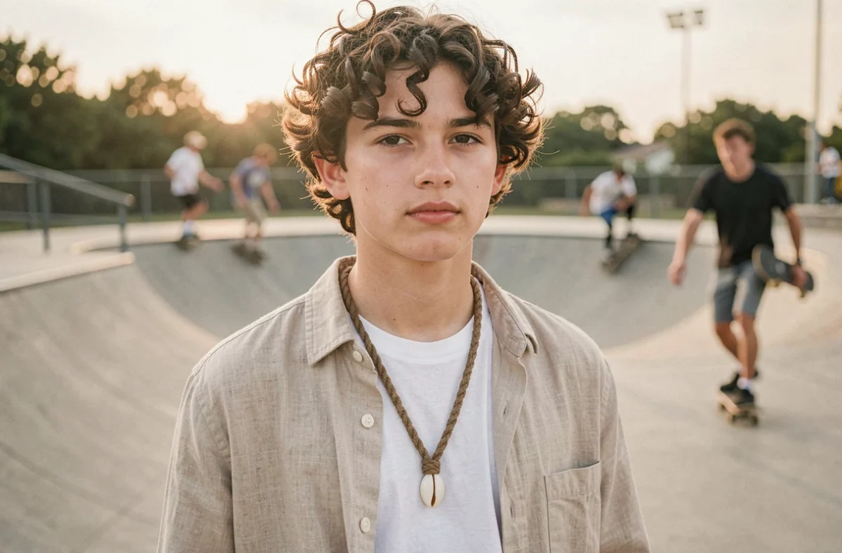 Jeune garçon ado au skatepark portant un collier corde avec pendentif coquillage style surf tendance 2026