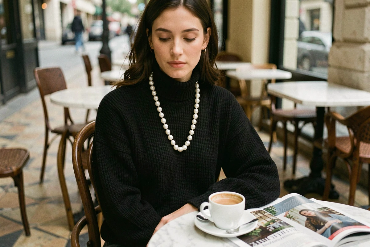 Femme assise dans un café parisien avec un long collier de perles blanches porté sur un col roulé noir