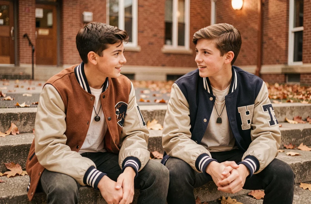 Deux garçons adolescents portant des colliers tendance pierre volcanique et chaînes argent assis sur des marches en automne