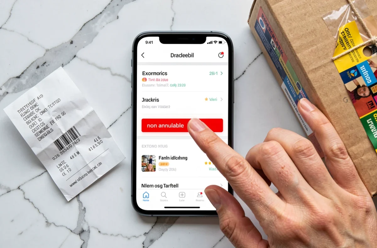 Vue aérienne d'un smartphone affichant un statut de commande non annulable sur une surface en marbre blanc avec un colis et un reçu