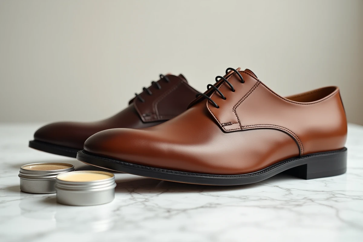 Comparaison côte à côte d'une chaussure cirée brillante et d'une chaussure traitée à la crème mate sur marbre blanc