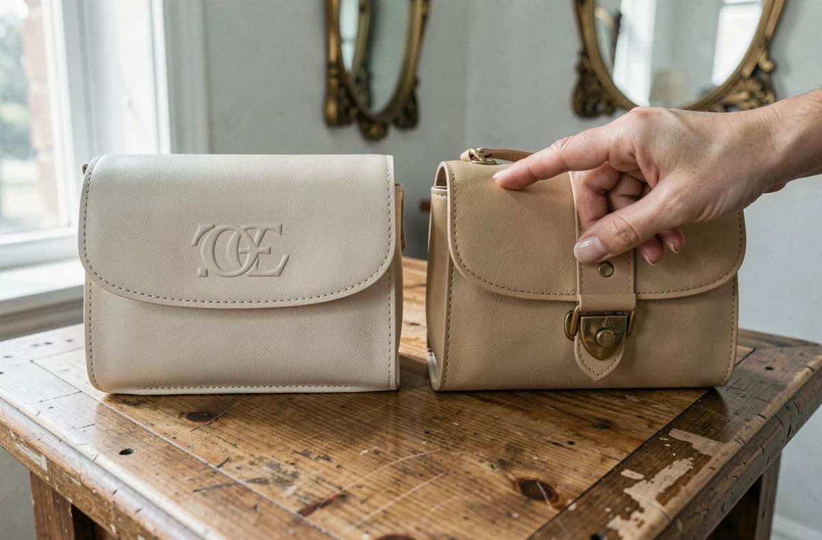 Comparaison côte à côte des coutures et de la quincaillerie d'un vrai et faux sac de luxe en friperie
