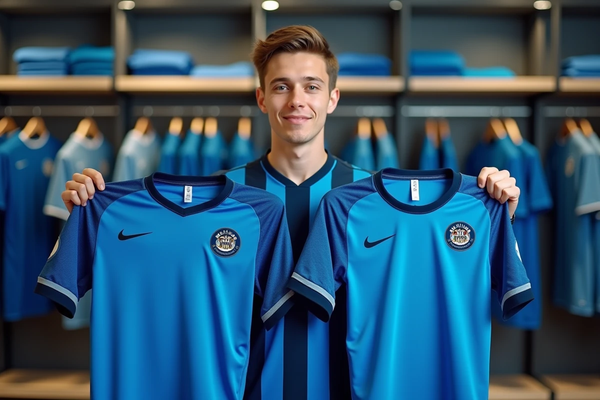 Comparaison entre un maillot Blue Lock officiel et une réplique dans un magasin de sport moderne