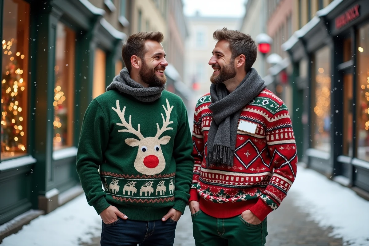 Deux amis comparant un pull de Noël classique et un pull personnalisé dans une rue enneigée