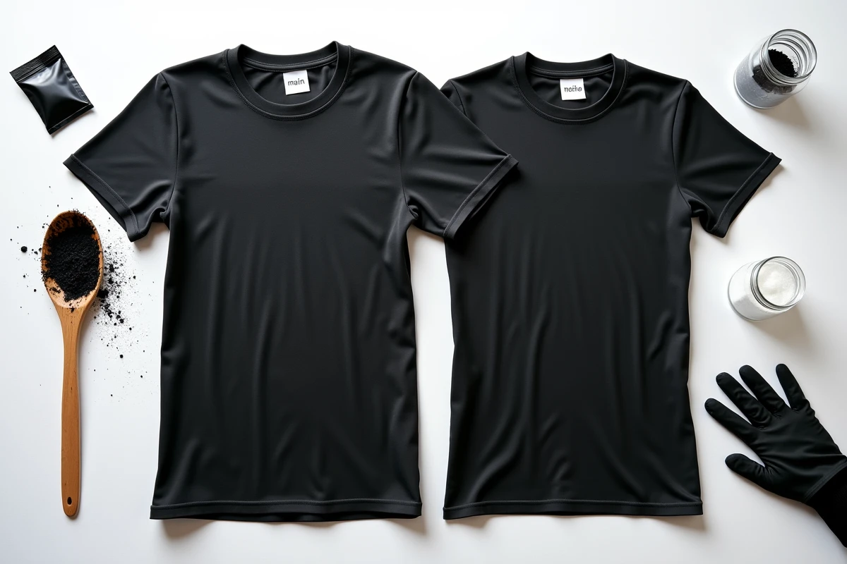 Comparaison à plat de deux t-shirts noirs teints, l'un à la main et l'autre en machine, entourés d'accessoires de teinture textile