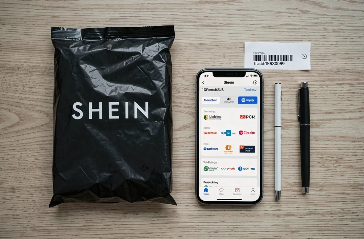 Vue aérienne d'un bureau avec colis Shein, numéro de suivi et smartphone affichant un comparatif de suivi de transporteurs