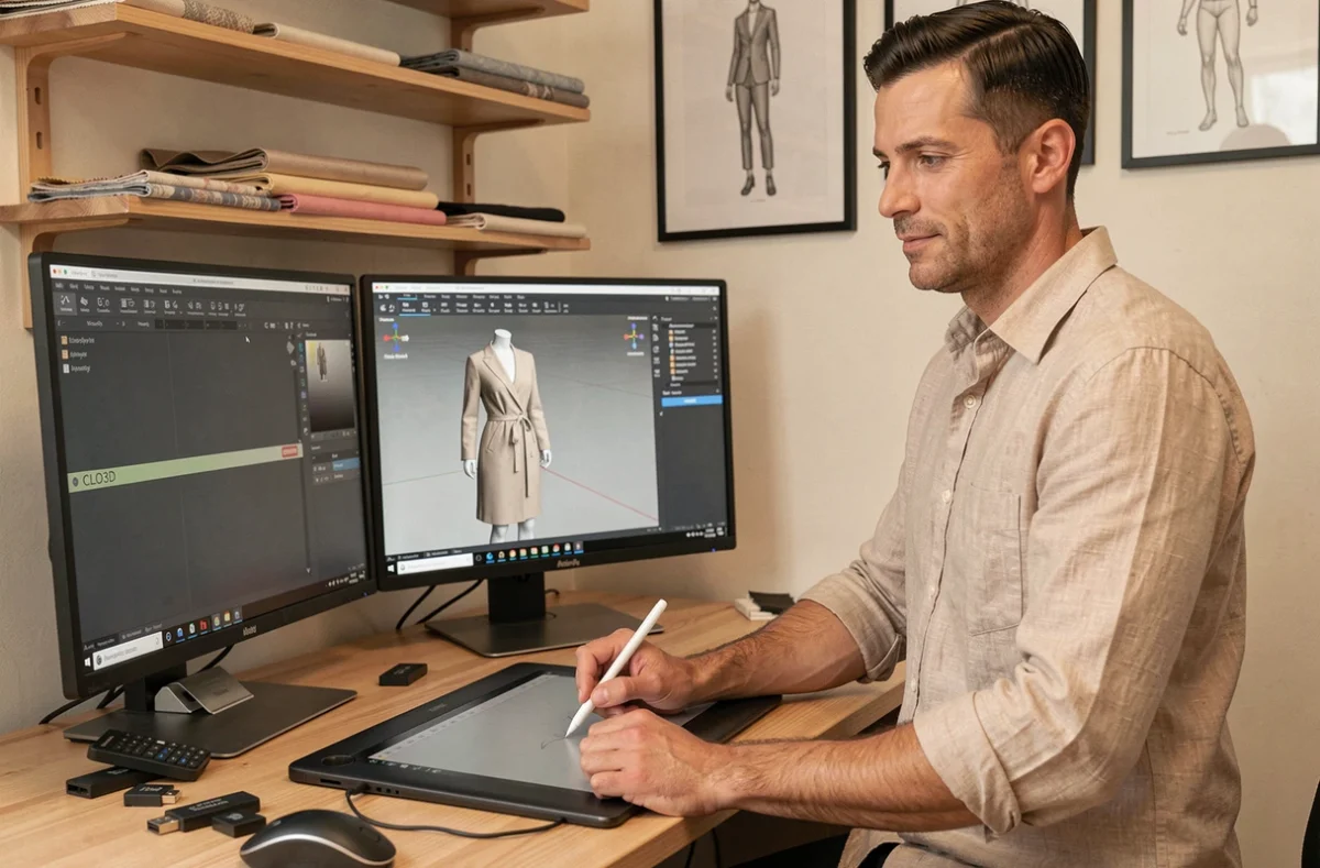 Concepteur 3D utilisant CLO3D sur une station de travail double écran pour sélectionner des assets de vêtements virtuels
