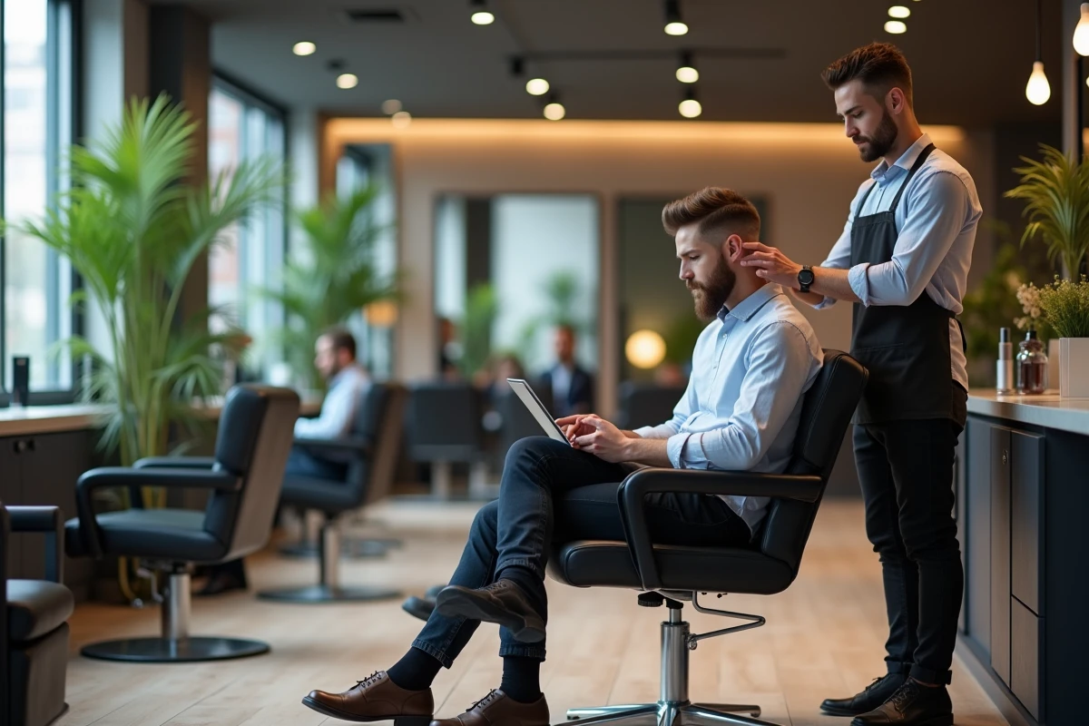 Jeune homme en consultation avec son coiffeur au salon