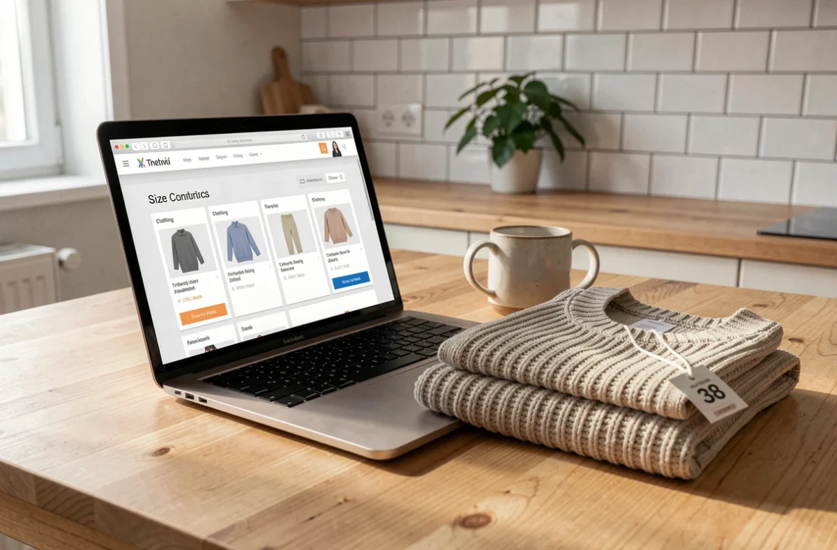 Ordinateur portable affichant un convertisseur de taille vêtement à côté d'un pull taille 38 sur une table en bois